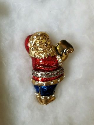 Vintage Santa Claus Gold Tone Pewter Belt Enamel Rhinestone Brooch Pin