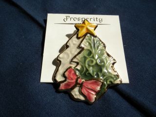 Prosperity Brand Glazed Ceramic Pin Brooch Jewelry Christmas Trees