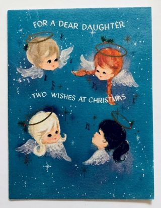 Vintage Hallmark Christmas Card Pretty Angel Girl Glitter Wing Gold Snowflake