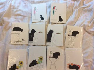 9 - Artist Sue Boettcher Hand Colored Black Cat Cards Mcm Artsy