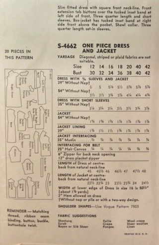 VOGUE SPECIAL DESIGN 4662 VINTAGE 1950 ' s DRESS & JACKET LABEL 20/38 3