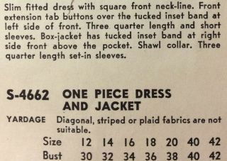 VOGUE SPECIAL DESIGN 4662 VINTAGE 1950 ' s DRESS & JACKET LABEL 20/38 5