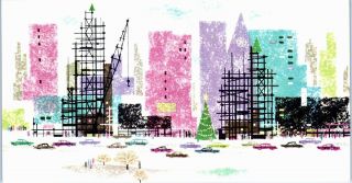Pink Blue Purple City Skyscraper Skyline Mcm Old Car Vtg Christmas Greeting Card