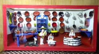 Mexican Shadow Box Musician & Restaurant Scene Miniature Diorama Mexico Folk Art