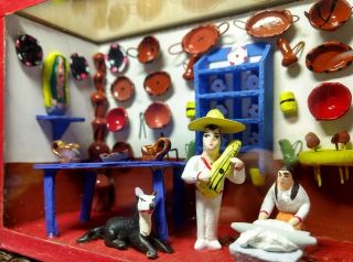 Mexican Shadow Box Musician & Restaurant Scene Miniature Diorama Mexico Folk Art 3