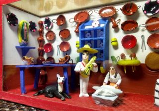 Mexican Shadow Box Musician & Restaurant Scene Miniature Diorama Mexico Folk Art 4