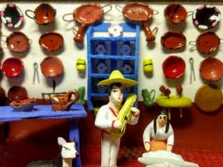 Mexican Shadow Box Musician & Restaurant Scene Miniature Diorama Mexico Folk Art 5