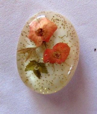 Vintage Lucite Gold Glitter Confetti W/ Dried Flowers Shank Button - Signed 67 