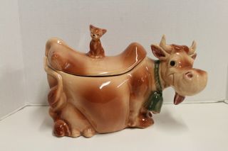 Vintage Brush Mccoy Pottery Cow & Cat Cookie Jar; Green Bell