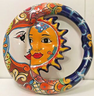 Sun Moon Mexican Talavera Pottery Eclipse Wall Hang Folk Art Plaque Large 14.  5 "