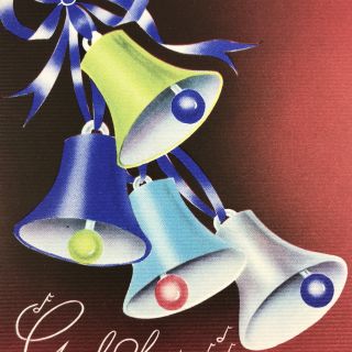 Vintage Early Mid Century Christmas Greeting Card 1941 Art Deco Bells Blue Red