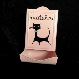 Vintage 50s 60s Metal Pink Atomic Kitty Cat Kitchen Matches Match Box Holder