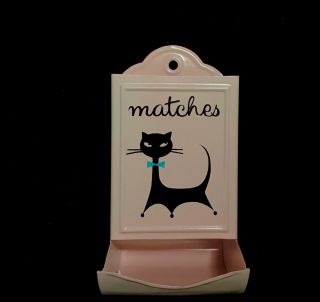 Vintage 50s 60s Metal PINK Atomic Kitty Cat Kitchen Matches Match Box Holder 3