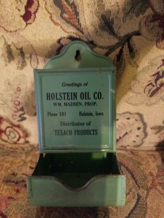 Vtg Holstein Iowa Oil Co Texaco Metal Tin Wood Match Box Holder Wall Mount