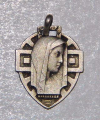 Sterling Silver Art Deco Holy Medal Our Lady Blessed Virgin Mary Prayer Catholic