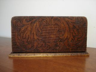 Vtg Art Deco Brown Wood Carved Flemish Art Paper Napkin Letter Mail Holder 7.  5 "