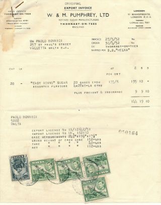 London 1952,  Malta Stamps As Revenues On Invoice Doc.  A784