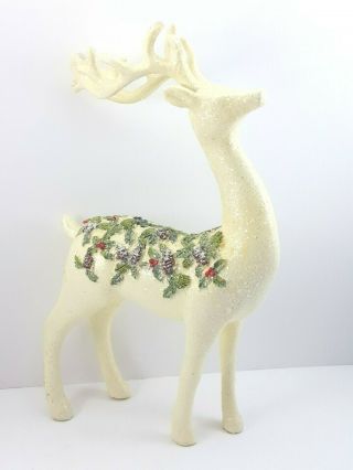 Vintage Reindeer Figurine Icy White With Holly And Berries 11 " Resin Christmas