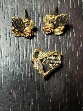 Set Of 10k Gold Harley Davidson Earrings And Necklace Pendant