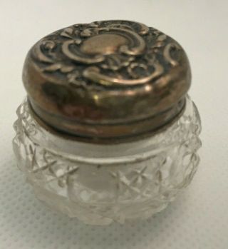 Antique Repousse Sterling Silver Powder Jar Wit Cut Glass 1901
