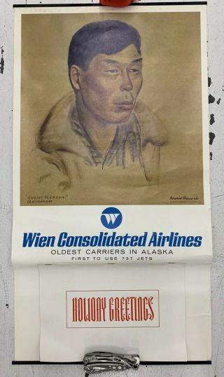 Vintage 1969 Wien Alaska Airlines Boeing 737 Poster Calendar 28x15 Eskimo Inuit