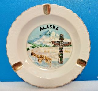 Vintage Alaska Ashtray Gold Trim Plate Iditarod Sled Dogs Totem Pole 6 "