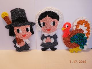 3 Vtg Melted Plastic Popcorn Thanksgiving Pilgrim Boy & Girl W Turkey Decoration