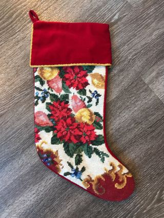 Vintage Style Needlepoint Christmas Stocking Floral & Fruit Poinsettia Wool 20”