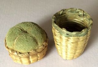 Miniature Woven Sweetgrass & Ash Pin Cushion And Thimble Holder