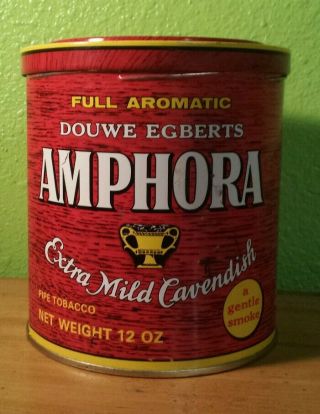 Vintage Douwe Egberts Amphora Pipe Tobacco Cavendish Red 12 Oz Tin Can Empty