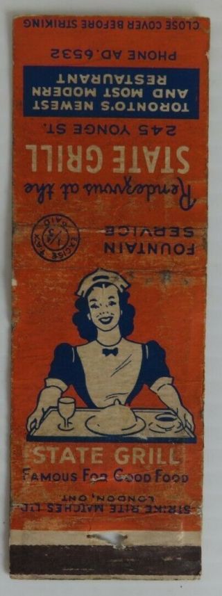 Vintage State Grill Toronto Matchbook Cover (inv24827)