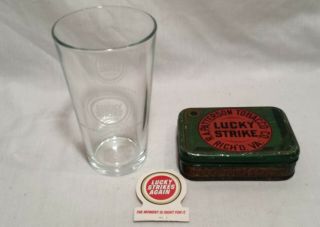Vintage Lucky Strike Cigarettes Pint Beer Glass,  Metal Tin Cut Plug Box,  Matches