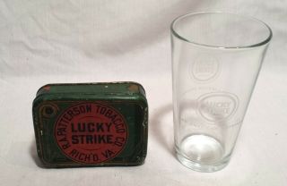 Vintage Lucky Strike Cigarettes Pint Beer Glass,  Metal Tin Cut Plug Box,  Matches 2