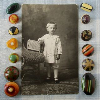 Assortment Of 13 Celluloid Bubble Top Buttons And 1 Very Special Postcard