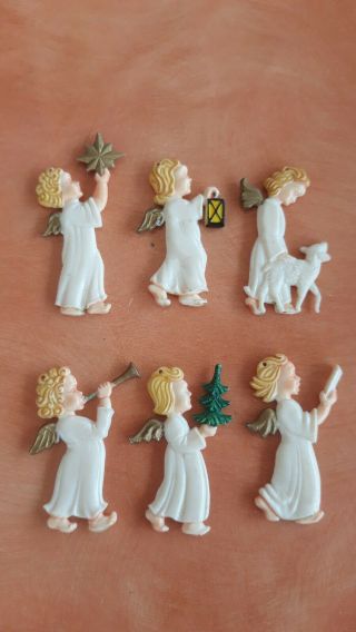 6 Vintage Hard Plastic Angels Cherubs West Germany Christmas Ornaments Set