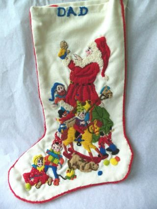 Vintage Santa Toys & Elves Christmas Stocking Hand Stitched Dad Colorful