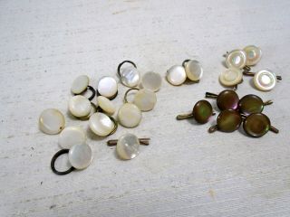 24 Antique Mother Of Pearl Mop Buttons 5 Abalone,  4 Carved All Brass Shanks