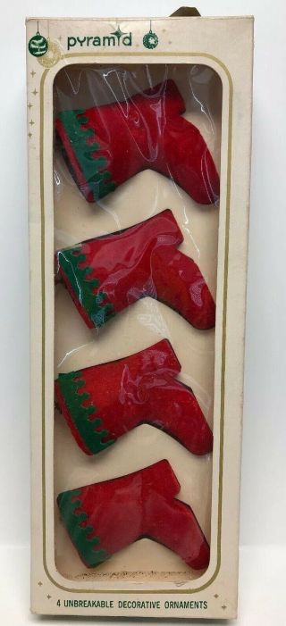 Vintage Set Of 4 Flocked Red Boots Christmas Ornaments
