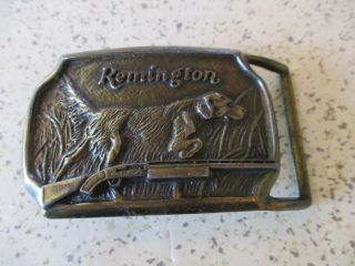 Vintage Brass Remington Belt Buckle,  Hunting Dog & Remington Shot Gun,  1974