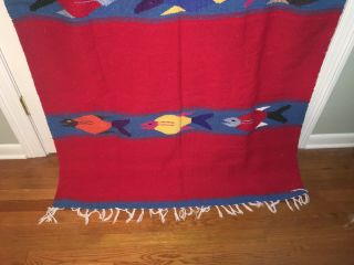 Mexican Zapotec Wool Blanket / Rug With Fringe in vibrant red & primary colors 3