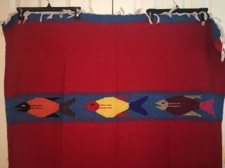 Mexican Zapotec Wool Blanket / Rug With Fringe in vibrant red & primary colors 5