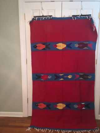 Mexican Zapotec Wool Blanket / Rug With Fringe in vibrant red & primary colors 6