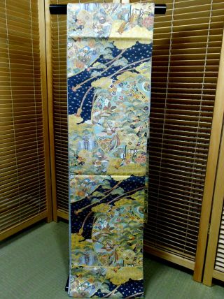 Japanese Kimono Silk Fukuro Obi,  Rokutu,  L 166 ",  Coach,  Gold Thread,  Foil, .  708