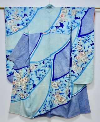 Japanese Kimono Silk Furisode / Shibori / Embroidery / Blue / Silk Fabric /8