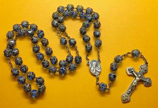 † Antique Cobalt Blue Glass Beads W Filigree Caps - Baroque Italian Rosary †