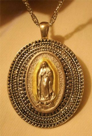 Lovely Large Bevel Two Tone Spanish Our Lady Of Guadalupe Medal Pendant Necklace