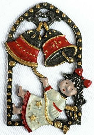 Vintage Kuhn Zinn Pewter Ornament Child Angel Ringing Church Bells Germany