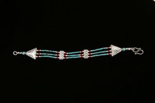 Handmade Tibetan Nepalese Dainty Turquoise Coral German Silver 6 " Bracelet