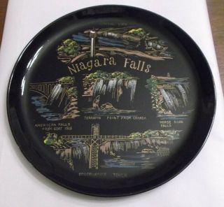 Vtg Niagara Falls Round Black Lacquer Souvenir Plate 11 "