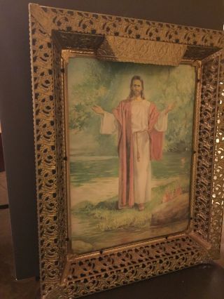 Vintage 3 - D Picture Jesus Christ Lighted Hologram Lenticular Gold Metal Frame